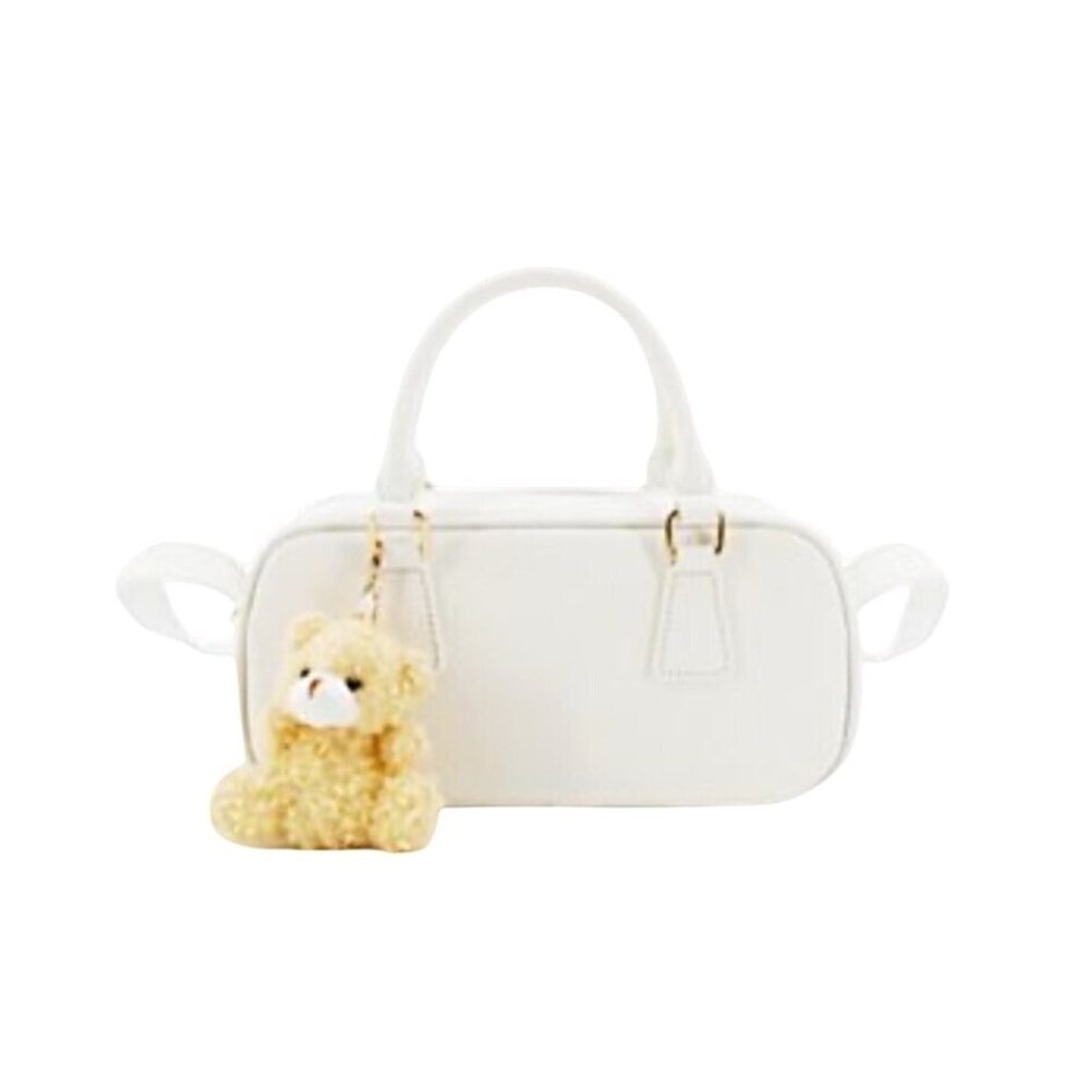 Like Dreams Mini White Vegan Leather Shoulder Bag With Teddy Bear Charm